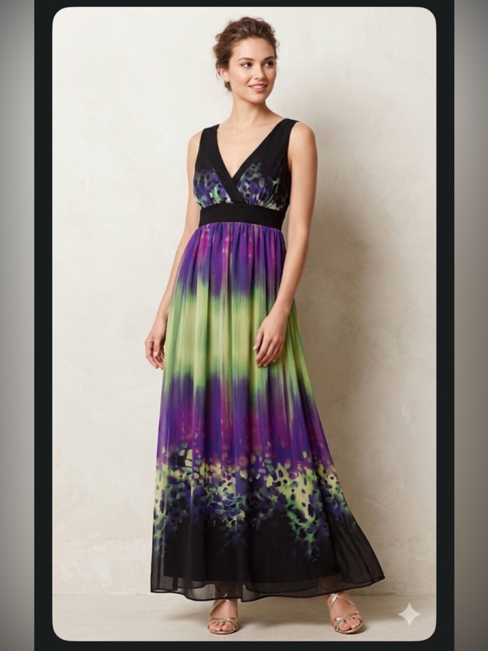 AGB Dress Vibrant Tie-Dye Chiffon Maxi - Black V-Neck Bodice - Size 12